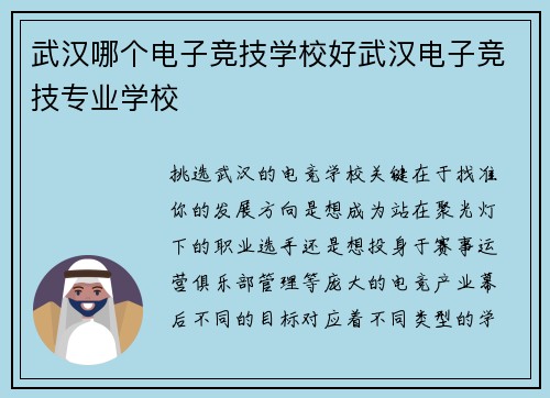 武汉哪个电子竞技学校好武汉电子竞技专业学校